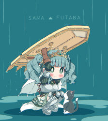 Rule 34 | 1girl, armor, blunt bangs, blush, brown gloves, cat, character name, chibi, closed mouth, futaba sana, gloves, green eyes, green hair, highres, holding, holding shield, magia record: mahou shoujo madoka magica gaiden, mahou shoujo madoka magica, rain, shield, short hair, short twintails, smile, solo, squatting, takahero, twintails, wavy hair