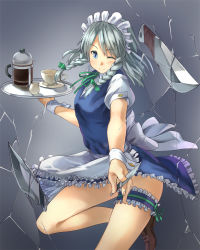 Rule 34 | 1girl, apron, between fingers, blue dress, blue eyes, bow, braid, bridal garter, brown footwear, clothes lift, coffee cup, coffee pot, cup, disposable cup, dress, dress lift, fingernails, foreshortening, fourth wall, frilled apron, frilled dress, frills, gradient background, grey background, hair bow, highres, holding, holding knife, izayoi sakuya, kanzen bouon, knife, leg ribbon, legs, maid, maid apron, maid headdress, one eye closed, puffy short sleeves, puffy sleeves, ribbon, shoes, short dress, short sleeves, silver hair, smile, solo, thigh ribbon, thighs, touhou, tray, twin braids, wrist cuffs