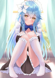 Rule 34 | 1girl, :o, ahoge, alternate costume, black dress, blue bow, blue bowtie, blue hair, blush, bow, bowtie, braid, breasts, cleavage, cleavage cutout, clothing cutout, colored tips, commentary, dress, elf, embarrassed, enmaided, flower, frilled socks, frills, hair between eyes, hair flower, hair ornament, highres, hololive, kneehighs, large breasts, long hair, maid, maid headdress, multicolored hair, no shoes, onabe no shime, parted lips, pointy ears, side braid, sitting, socks, solo, streaked hair, very long hair, virtual youtuber, white flower, white socks, yellow eyes, yukihana lamy