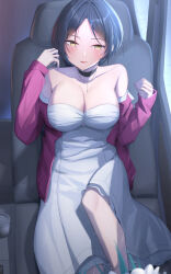 Rule 34 | 1girl, bare shoulders, black choker, black hair, blush, breasts, choker, cleavage, collarbone, commentary request, dress, hands up, hayami kanade, highres, idolmaster, idolmaster cinderella girls, jewelry, large breasts, long sleeves, looking at viewer, necklace, off shoulder, parted lips, short hair, shougun (chuckni1), sitting, smile, solo, white dress, yellow eyes