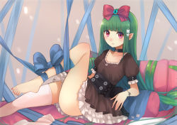 Rule 34 | 1girl, :d, absurdly long hair, bad id, bad pixiv id, barefoot, blue bow, blue ribbon, blunt bangs, blush, bow, bracelet, brown dress, buttons, choker, collarbone, dress, feet, flat chest, flower, frilled dress, frills, gem, green hair, hair bow, hair flower, hair ornament, jewelry, leaning back, light smile, long hair, looking at viewer, nail polish, open mouth, original, parted lips, pillow, pink nails, pointy ears, puffy short sleeves, puffy sleeves, red bow, red eyes, ribbon, sash, short sleeves, sitting, smile, solo, unworn thighhighs, toenail polish, toenails, umasanjin, very long hair, white legwear