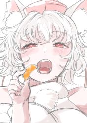 Rule 34 | 1girl, animal ear fluff, animal ears, bare shoulders, blush, food, fruit, half-closed eyes, hand up, hat, highres, holding, inubashiri momiji, looking at viewer, mandarin orange, open mouth, short hair, simple background, solo, teeth, tokin hat, tongue, touhou, upper body, white background, white hair, wolf ears, yoyoiro (sysi20)