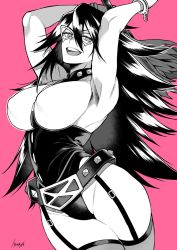 Rule 34 | 1girl, armpits, arms up, belt, boku no hero academia, covered erect nipples, cuffs, garter straps, greyscale, greyscale with colored background, hair between eyes, hatching, highres, holding, holding weapon, holding whip, leotard, long hair, mask, midnight (boku no hero academia), mole, mole under eye, monochrome, open mouth, pink background, shackles, signature, simple background, solo, takatsuki ichi, teeth, thighhighs, tongue, upper teeth only, weapon, whip