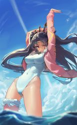 Rule 34 | 1girl, ;), absurdres, arms up, black hair, blue sky, breasts, closed mouth, competition swimsuit, contrail, covered navel, day, earrings, fate/grand order, fate (series), gluteal fold, highres, hoop earrings, impossible clothes, impossible swimsuit, ishtar (fate), ishtar (swimsuit rider) (fate), jacket, jaws (okdol0928), jewelry, large breasts, bridal garter, long hair, long sleeves, looking at viewer, one-piece swimsuit, one eye closed, open clothes, open jacket, outdoors, pink jacket, red eyes, sky, smile, solo, standing, stretching, sweater, swimsuit, v-shaped eyebrows, very long hair, wading, water, white sweater