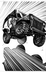 Rule 34 | absurdres, car, cluseller, emphasis lines, greyscale, highres, jeep, monochrome, motor vehicle, original, tire, traditional media, vehicle focus
