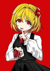 Rule 34 | 1girl, black dress, black nails, blonde hair, bow, dress, eating, food, fruit, hair ornament, highres, long sleeves, oyatu yatu, pomegranate, red background, red bow, red eyes, rumia, shirt, short hair, solo, touhou, white shirt