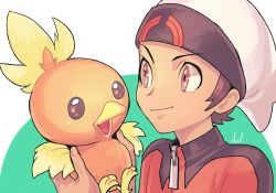 Rule 34 | 1boy, beanie, brendan (pokemon), brown eyes, brown hair, closed mouth, commentary request, creatures (company), dolustoy, game freak, gen 3 pokemon, hands up, hat, holding, holding pokemon, jacket, male focus, nintendo, pokemon, pokemon (creature), pokemon oras, red jacket, short hair, signature, smile, torchic, upper body, white headwear, zipper pull tab