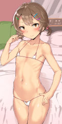 Rule 34 | 1girl, absurdres, bikini, blush, brown eyes, brown hair, cleft of venus, collarbone, dated, flat chest, front-tie top, hair ornament, hairclip, highres, imazon, looking at viewer, micro bikini, navel, open mouth, original, ribs, short hair, short twintails, side-tie bikini bottom, skindentation, skinny, solo, standing, swimsuit, twintails, white bikini