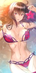 Rule 34 | 1girl, absurdres, alternate costume, beach, bikini, bracelet, breasts, fate/grand order, fate (series), flower, hair intakes, hair ornament, hibiscus, highres, jewelry, large breasts, bridal garter, lipstick, looking at viewer, makeup, navel, outdoors, parted lips, partially submerged, pink bikini, purple bikini, purple hair, red eyes, rushian, sand, scathach (fate), scathach (fate), scathach (swimsuit assassin) (fate), seashell, shell, solo, strap pull, sunset, swimsuit, thigh gap
