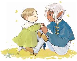 Rule 34 | 2boys, affectionate, aged down, bloomers, blue jacket, blue ribbon, blush, bodysuit, boots, brown hair, child, closed eyes, commentary request, cropped jacket, dark-skinned male, dark skin, delgal (dungeon meshi), dungeon meshi, elf, face-to-face, facing another, from side, green robe, hacci kari, happy, holding hands, jacket, knee boots, knees up, long sleeves, looking at viewer, male focus, multiple boys, nose blush, open mouth, playing, pointy ears, profile, puffy long sleeves, puffy sleeves, ribbon, robe, shoes, short hair, sidelocks, sitting, thistle (dungeon meshi), underwear, walking, white background, white bodysuit, white footwear, white hair, yellow footwear