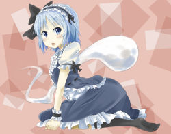 Rule 34 | 1girl, alternate costume, alternate hair color, arched back, arm support, blue eyes, blue hair, blush stickers, clenched hand, dress, frilled dress, frills, giren, hairband, kneehighs, kneeling, konpaku youmu, konpaku youmu (ghost), lolita fashion, lolita hairband, looking at viewer, matching hair/eyes, multicolored background, no shoes, open mouth, short hair, short sleeves, socks, solo, toe socks, touhou