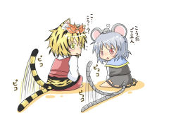 Rule 34 | 2girls, animal ears, animal print, blonde hair, chibi, female focus, grey hair, hair ornament, kemonomimi mode, mouse (animal), mouse ears, mouse tail, multicolored hair, multiple girls, nazrin, object on head, red eyes, short hair, tail, tiger ears, tiger print, tiger tail, toramaru shou, touhou, translated, two-tone hair, viva!!, yellow eyes