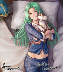 Rule 34 | 1girl, artist name, blue pajamas, cm lynarc, commentary, commission, curtained hair, english commentary, eyelashes, fire emblem, fire emblem: path of radiance, green hair, helmet, highres, holding, holding stuffed toy, indoors, long hair, looking at viewer, lying, navel, nephenee (fire emblem), nintendo, on back, on bed, pajamas, pillow, smile, solo, stuffed toy, stuffed winged unicorn, teeth, unworn headwear