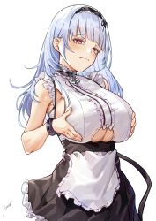Rule 34 | anchor choker, apron, azur lane, grabbing another&#039;s breast, breasts, clothing cutout, cuffs, dido (azur lane), grabbing, hairband, highres, lace-trimmed hairband, lace trim, large breasts, looking at viewer, maid, pooor, purple eyes, grabbing own breast, solo, standing, underboob, underboob cutout, waist apron, white apron, white hair