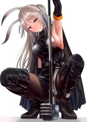 Rule 34 | 1girl, animal ears, arknights, arm up, armpits, bare shoulders, black footwear, black pantyhose, boots, breasts, commentary request, full body, grey eyes, hammer, highres, large breasts, long hair, looking at viewer, pantyhose, parted lips, planted, rabbit ears, revision, savage (arknights), sideboob, silver hair, simple background, solo, squatting, sweat, thigh boots, thighhighs, turisasu, two side up, weapon, white background