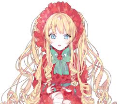 Rule 34 | 1girl, bad id, bad pixiv id, blonde hair, blue eyes, bonnet, doll, long hair, looking at viewer, parted lips, piyo (ppotatto), rozen maiden, shinku, simple background, solo, teeth, white background
