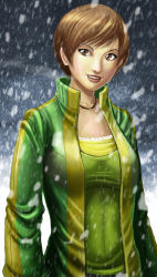 Rule 34 | 1girl, breasts, brown eyes, brown hair, casual, chemise, exmile, highres, jacket, medium breasts, persona, persona 4, realistic, satonaka chie, short hair, smile, snowing, solo, taut clothes, track jacket