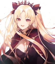 Rule 34 | 1girl, bad id, bad pixiv id, between breasts, blonde hair, blush, bow, breasts, cape, cleavage, detached collar, earrings, ereshkigal (fate), fate/grand order, fate (series), gold trim, hair bow, highres, hoop earrings, infinity symbol, jewelry, long hair, long sleeves, looking at viewer, medium breasts, necklace, open mouth, parted bangs, red bow, red cape, red eyes, saibe, simple background, skull, smile, solo, spine, tiara, two side up, white background