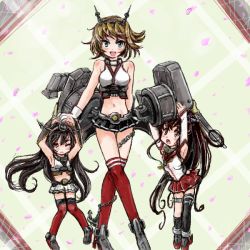Rule 34 | 10s, 3girls, anchor, arm behind back, armpits, black hair, blush stickers, brown eyes, brown hair, chain, gloves, green eyes, hairband, hand on another&#039;s head, headgear, kantai collection, machinery, midriff, multiple girls, mutsu (kancolle), nagato (kancolle), nanashii (soregasisan), navel, open mouth, ponytail, thighhighs, turret, wink, yamato (kancolle), aged down