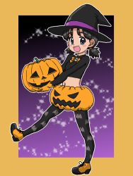 Rule 34 | 1girl, :d, alternate headwear, animal print, bat print, black hair, black hat, black pantyhose, black shirt, blue eyes, border, bow, commentary, girls und panzer, gloves, hair tie, halloween, halloween costume, hat, holding, jack-o&#039;-lantern, long hair, looking at viewer, low twintails, midriff, navel, nina (girls und panzer), open mouth, orange border, orange bow, orange footwear, orange gloves, orange shorts, outline, pantyhose, pantyhose under shorts, print pantyhose, pumpkin pants, shirt, shoes, short hair, short twintails, shorts, skull, smile, solo, sparkle, standing, takahashi kurage, twintails, white outline, witch hat