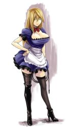 Rule 34 | 1girl, apron, black footwear, blonde hair, boots, bow, bowtie, breasts, cleavage, closed mouth, contrapposto, copyright request, full body, green eyes, grey thighhighs, hand on own hip, high heel boots, high heels, holding, holding whip, ishii hisao, large breasts, long hair, looking at viewer, puffy short sleeves, puffy sleeves, red bow, red bowtie, short sleeves, single thigh boot, solo, standing, thigh boots, thighhighs, waist apron, whip, white apron