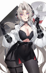 Rule 34 | 1girl, absurdres, arm up, azur lane, belt, black belt, black bra, black choker, black gloves, black pantyhose, black skirt, blonde hair, blush, bra, breasts, choker, cleavage, collarbone, elbow gloves, feet out of frame, gloves, hair between eyes, highres, holding, holding megaphone, kive, kronshtadt (azur lane), kronshtadt (begin the rush!) (azur lane), large breasts, long hair, looking at viewer, megaphone, mole, mole under eye, official alternate costume, open clothes, open mouth, open shirt, pantyhose, parted lips, platinum blonde hair, purple eyes, shirt, simple background, skirt, solo, standing, underwear, very long hair, white shirt
