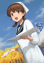 Rule 34 | 1girl, apron, bandana, blue sailor collar, blue sky, brown eyes, cloud, commentary request, day, dutch angle, fish, highres, kantai collection, kappougi, looking at viewer, low twintails, medium hair, official alternate costume, outdoors, parted bangs, plate, porupurucha, sailor collar, saury, school uniform, serafuku, shirayuki (kancolle), short twintails, sky, smile, solo, standing, twintails, white bandana