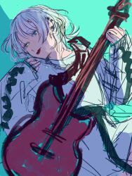 Rule 34 | 1girl, bang dream!, bang dream! it&#039;s mygo!!!!!, blue background, blue eyes, commentary, earclip, guitar, heterochromia, highres, holding, holding guitar, holding instrument, instrument, jacket, kaname raana, looking at viewer, medium hair, moyo (moyo 4), shade, sketch, skirt, solo, symbol-only commentary, tongue, tongue out, white hair, white jacket, white skirt, yellow eyes