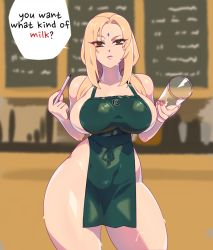 Rule 34 | 1girl, apron, blonde hair, blue triangles, breasts, cleavage, english text, huge breasts, iced latte with breast milk (meme), large areolae, large breasts, long hair, meme, nail polish, naked apron, naruto, naruto (series), naruto shippuuden, smile, tsunade (naruto)