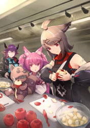 Rule 34 | 3girls, absurdres, animal ear fluff, animal ears, apron, arknights, bandaid, bandaid on arm, bare shoulders, black apron, black jacket, black necktie, blue shirt, bowl, brown hair, closed eyes, closed mouth, collared shirt, cutter (arknights), cutting board, e-bushi, ear piercing, hair between eyes, hair ornament, hairclip, highres, holding, holding knife, horns, indoors, jacket, knife, long sleeves, multiple girls, necktie, off shoulder, open clothes, open jacket, peeling, piercing, puffy long sleeves, puffy sleeves, purple eyes, purple hair, red apron, red eyes, red shirt, shamare (arknights), shirt, sideroca (arknights), stuffed animal, stuffed dog, stuffed toy, white shirt, x hair ornament