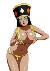 Rule 34 | 10s, 1girl, bikini, black hair, breast hold, breasts, cleavage, curvy, dark-skinned female, dark skin, dragon ball, dragon ball super, female focus, green eyes, hat, helles, large breasts, lipstick, makeup, navel, red lips, simple background, solo, stomach, swimsuit, thighs, third-party edit, white background, yellow bikini