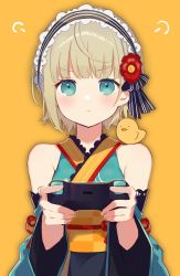 Rule 34 | 1girl, :&lt;, animal, animal on shoulder, bare shoulders, bird, black hairband, blue eyes, blue kimono, blue sleeves, brown hair, chick, closed mouth, commentary request, commission, controller, copyright request, detached sleeves, flower, game controller, hair flower, hair ornament, hairband, holding, japanese clothes, kimono, long sleeves, looking at viewer, obi, red flower, sash, short hair, simple background, skeb commission, sleeveless, sleeveless kimono, sofra, solo, striped clothes, striped hairband, upper body, v-shaped eyebrows, virtual youtuber, wide sleeves, yellow background