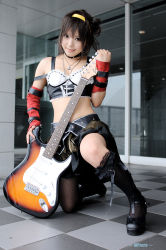 Rule 34 | 1girl, asian, belt, breasts, cosplay, cosplay photo, elbow gloves, electric guitar, fender stratocaster, fishnet thighhighs, fishnets, gloves, guitar, hairband, indoors, instrument, kipi-san, looking at viewer, mary janes, midriff, on one knee, photo (medium), real life, shoes, single thighhigh, small breasts, solo, suzumiya haruhi, suzumiya haruhi (cosplay), suzumiya haruhi no yuuutsu, thighhighs