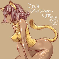 Rule 34 | 10s, 1girl, 2010, :&lt;, alternate costume, animal ears, animal print, arched back, arm support, bare shoulders, bottomless, breasts, brown eyes, brown hair, dark-skinned female, dark skin, impossible clothes, impossible shirt, impossible sweater, kotoyoro, large breasts, leaning forward, new year, nipples, no panties, original, ribbed sweater, shiny skin, shirt, short hair, simple background, sketch, solo, sweater, tail, thomasz, tiger ears, tiger print, tiger tail, yellow eyes, yellow theme