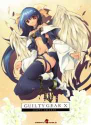 Rule 34 | 1girl, arc system works, blue hair, boots, chain, choker, cuffs, dizzy (guilty gear), feathers, flower, guilty gear, long hair, lying, navel, on back, on side, red eyes, solo, tail, thighhighs, very long hair, wings