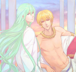 Rule 34 | 2boys, androgynous, bad id, bad pixiv id, blonde hair, earrings, enkidu (fate), fate/stay night, fate/strange fake, fate/zero, fate (series), gilgamesh (fate), green hair, jewelry, kamemushi, looking back, male focus, multiple boys, necklace, red eyes, robe, topless male, short hair, smile
