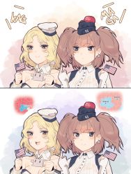 Rule 34 | 2girls, american flag, atlanta (kancolle), black headwear, blonde hair, blush, breasts, brown hair, buttons, cleavage, collarbone, collared shirt, commentary, dongsa wonhyong, earrings, english commentary, flag, garrison cap, gloves, grey eyes, hat, highres, holding, holding flag, houston (kancolle), jewelry, kantai collection, large breasts, long hair, long sleeves, make america great again, multiple girls, name connection, object namesake, partially fingerless gloves, politics, shirt, star (symbol), star earrings, sweatdrop, two side up, white gloves, white shirt, yellow eyes