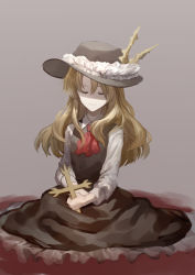 Rule 34 | 1girl, ascot, blonde hair, brown hat, brown vest, closed eyes, cross, frilled hat, frilled skirt, frills, hat, hat feather, highres, holding, holding cross, jacket girl (dipp), long hair, long sleeves, otoshiro kosame, red ascot, shirt, sitting, skirt, smile, touhou, vest, wavy hair, white shirt, white vest