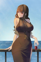 Rule 34 | 1girl, against railing, alcohol, bare shoulders, black dress, black ribbon, blue sky, blunt bangs, breasts, brown hair, chinese commentary, cleavage, covered navel, cowboy shot, cup, day, dress, drinking glass, dsr-50 (girls&#039; frontline), dsr-50 (highest bid) (girls&#039; frontline), earrings, girls&#039; frontline, head tilt, holding, holding cup, horizon, jewelry, large breasts, lips, long hair, looking at viewer, ocean, official alternate costume, olin (nienxddd), outdoors, pelvic curtain, pink lips, railing, red eyes, ribbon, shawl, sidelocks, sky, sleeveless, sleeveless dress, solo, water, wine