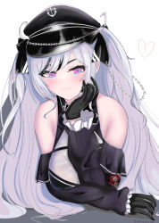 Rule 34 | 1girl, azur lane, bare shoulders, black gloves, black hair, black hat, black ribbon, blush, breasts, clothing cutout, elbe (azur lane), gloves, hair ribbon, hand on own cheek, hand on own face, hat, leotard, light purple hair, long hair, looking at viewer, medium breasts, multicolored eyes, multicolored hair, peaked cap, purple eyes, ribbon, shoulder cutout, simple background, smile, solo, streaked hair, two-tone hair, upper body, white background, white leotard, yakinikusiyo