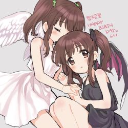 Rule 34 | 2girls, amezawa koma, angel wings, bare shoulders, black dress, blush, brown eyes, brown hair, clover, clover hair ornament, commentary request, dated, demon wings, dress, dual persona, closed eyes, four-leaf clover, hair ornament, happy birthday, holding hands, idolmaster, idolmaster cinderella girls, looking at viewer, multiple girls, ogata chieri, parted lips, simple background, twintails, unfinished, white dress, wings