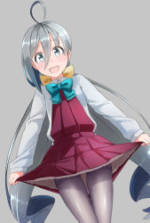 Rule 34 | 10s, 1girl, :d, ahoge, aqua bow, blouse, blush, bow, comah, dutch angle, grey background, grey eyes, grey pantyhose, hair between eyes, hair bow, kantai collection, kiyoshimo (kancolle), long hair, long sleeves, looking at viewer, open mouth, pantyhose, pleated skirt, purple skirt, shirt, silver hair, simple background, skirt, smile, solo, teeth, thigh gap, thighband pantyhose, thighs, twintails, uniform, very long hair, white shirt, yellow bow