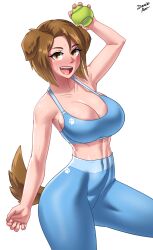 Rule 34 | 1girl, animal ears, arm up, ball, blush, breasts, brown hair, cleavage, collarbone, dog ears, dog girl, dog tail, dracksart, eyelashes, fang, highres, holding, holding ball, large breasts, midriff, open mouth, original, pants, paw print, short hair, signature, simple background, sports bra, sweat, tail, tennis ball, thick thighs, thighs, white background, workout clothes, yellow eyes