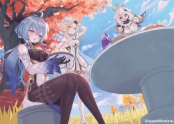 3girls ahoge bare_shoulders bell black_gloves blonde_hair blue_eyes blue_hair blue_sky blush bodystocking breasts brown_pantyhose detached_sleeves dress feather_hair_ornament feathers flower food ganyu_(genshin_impact) genshin_impact gloves hair_flower hair_ornament halo horns large_breasts long_hair lumine_(genshin_impact) medium_hair multiple_girls open_mouth paimon_(genshin_impact) pantyhose plate purple_eyes scarf sidelocks sky smile suzuho_hotaru table thighhighs thighs tree white_dress white_hair white_scarf white_thighhighs yellow_eyes