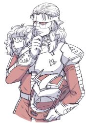 Rule 34 | 1boy, bodysuit, carrying, carrying under arm, closed mouth, commentary request, cropped legs, flat color, floating hair, full frontal, gundam, gundam unicorn, hand on own chin, helmet, highres, holding, holding helmet, long hair, male focus, mask, neo zeon, normal suit, partially colored, pilot helmet, pilot suit, red bodysuit, simple background, siodam410, solo, space helmet, spacesuit, stroking own chin, unworn headwear, unworn helmet, white background