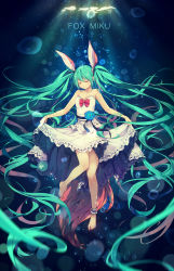 Rule 34 | 1girl, aqua hair, bare shoulders, barefoot, breasts, dress, closed eyes, flower, fox tail, hair ribbon, hatsune miku, highres, long hair, ribbon, skirt hold, small breasts, smile, solo, tail, twintails, underwater, very long hair, vocaloid, yohan12