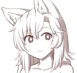 Rule 34 | 1girl, animal ear fluff, animal ears, bare shoulders, collarbone, commentary, english commentary, eyelashes, greyscale, hair between eyes, imaizumi kagerou, long hair, looking at viewer, monochrome, portrait, simple background, solo, touhou, white background, wolf ears, wool (miwol)