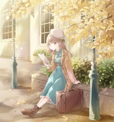 Rule 34 | 1girl, autumn, autumn leaves, beret, blue dress, boots, branch, brick wall, brown coat, brown eyes, brown footwear, building, coat, cobblestone, commentary request, cross-laced footwear, day, dress, expressionless, french commentary, hat, hedge, highres, holding, holding paper, hoshiibara mato, lamppost, light brown hair, light particles, long hair, looking to the side, open clothes, open coat, original, outdoors, outstretched legs, paper, petticoat, sitting, solo, striped clothes, striped dress, suitcase, vertical-striped clothes, vertical-striped dress, white hat, window