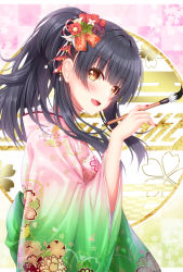 Rule 34 | 1girl, :d, black hair, blush, brown eyes, calligraphy brush, checkered background, floral print, flower, gradient kimono, green kimono, hair flower, hair ornament, hand up, highres, holding, holding paintbrush, idolmaster, idolmaster shiny colors, japanese clothes, kimono, long hair, long sleeves, looking at viewer, mayuzumi fuyuko, new year, open mouth, paintbrush, pink kimono, ponytail, print kimono, red flower, sidelocks, smile, solo, white flower, wide sleeves, yunagi amane