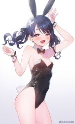 Rule 34 | 1girl, :d, animal ears, arm up, armband, armpits, bare legs, blue hair, blush, bow, bowtie, breasts, cowboy shot, dark blue hair, detached collar, fake animal ears, fang, fukumaru koito, heart, heart-shaped pupils, highres, idolmaster, idolmaster shiny colors, kuri choko, leotard, looking at viewer, looking to the side, open mouth, playboy bunny, rabbit ears, rabbit tail, simple background, skin fang, small breasts, smile, smirk, solo, symbol-shaped pupils, tail, twintails, wavy hair, white background, wrist cuffs